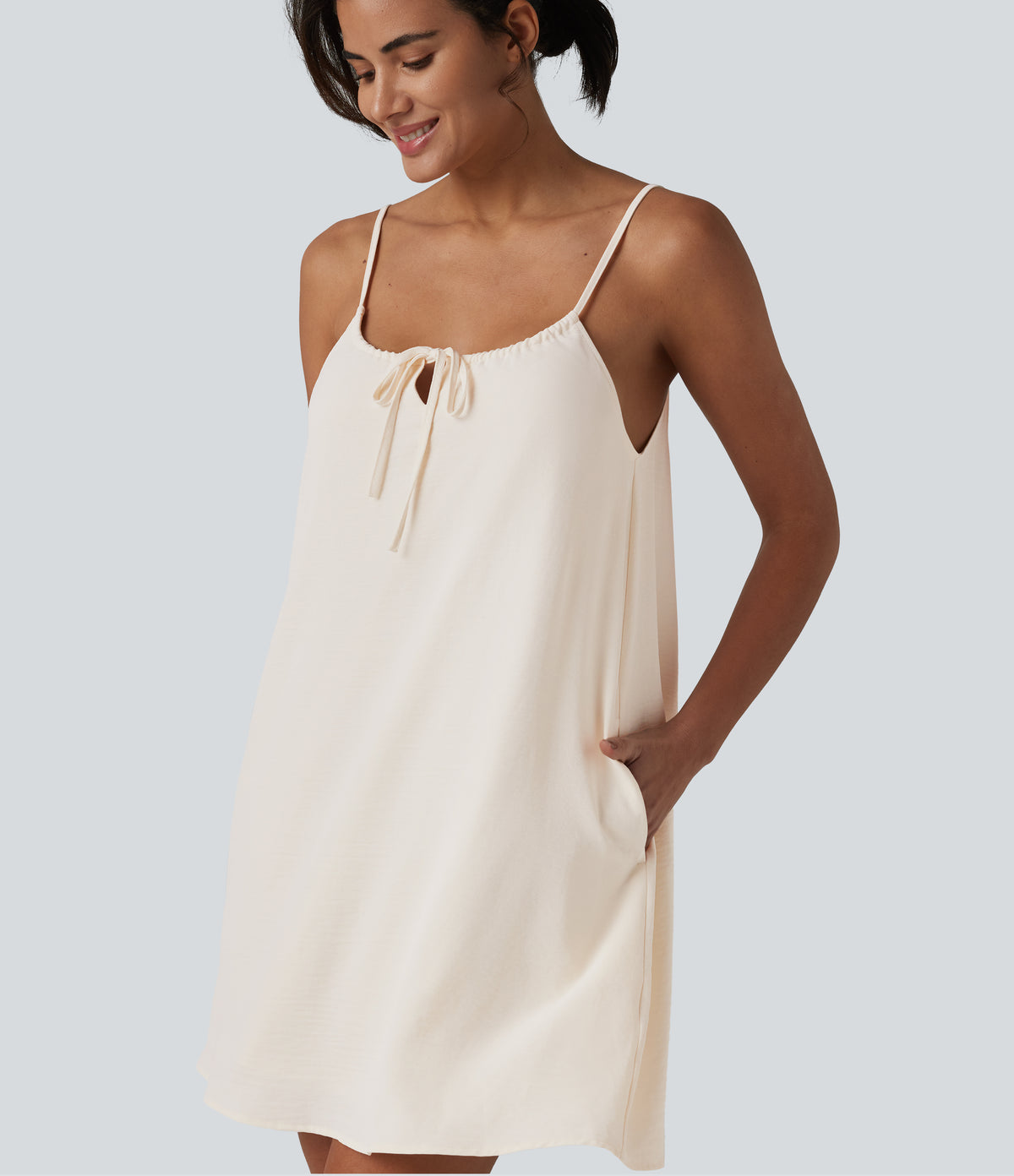 Lace Up Mini Linen-Feel Slip Dress with Pockets — Whisper White — view 4