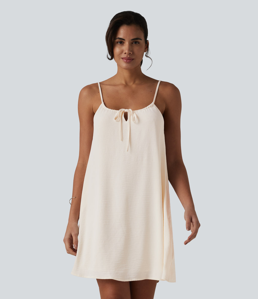 Lace Up Mini Linen-Feel Slip Dress with Pockets — Whisper White — view 1
