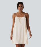 Lace Up Mini Linen-Feel Slip Dress with Pockets — Whisper White — view 1