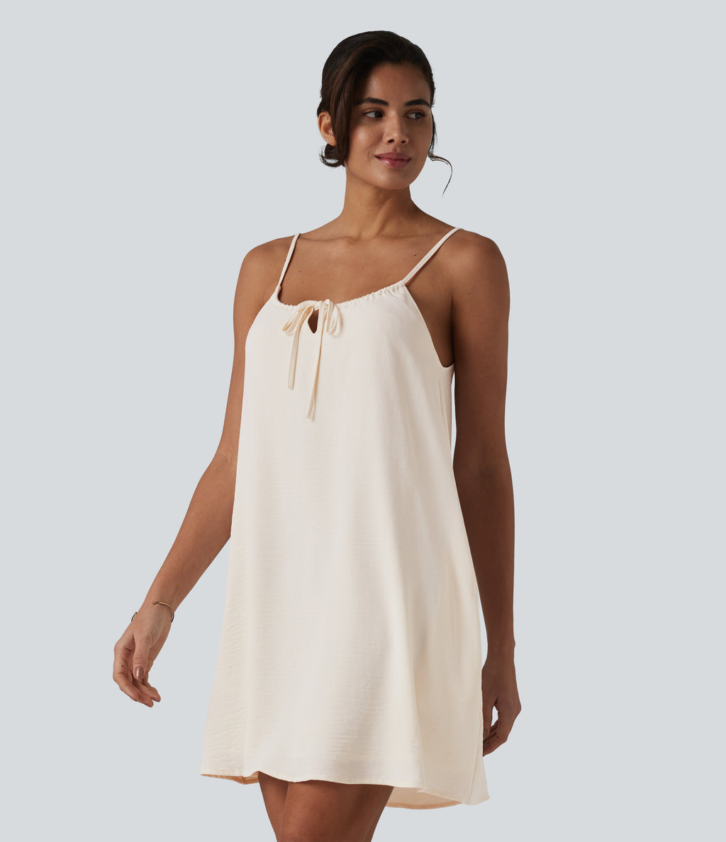 Lace Up Mini Linen-Feel Slip Dress with Pockets — Whisper White — view 3