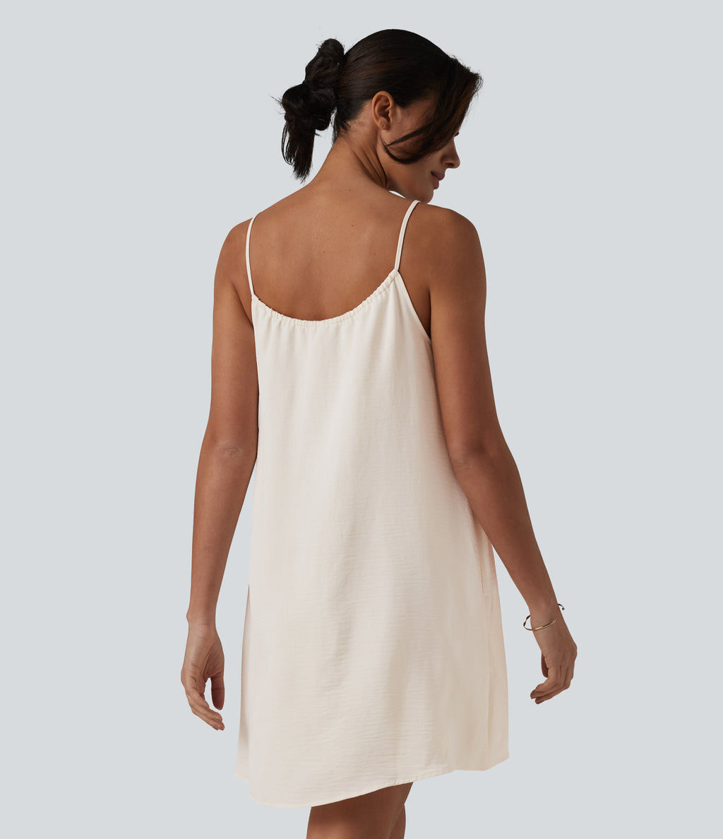 Lace Up Mini Linen-Feel Slip Dress with Pockets — Whisper White — view 2