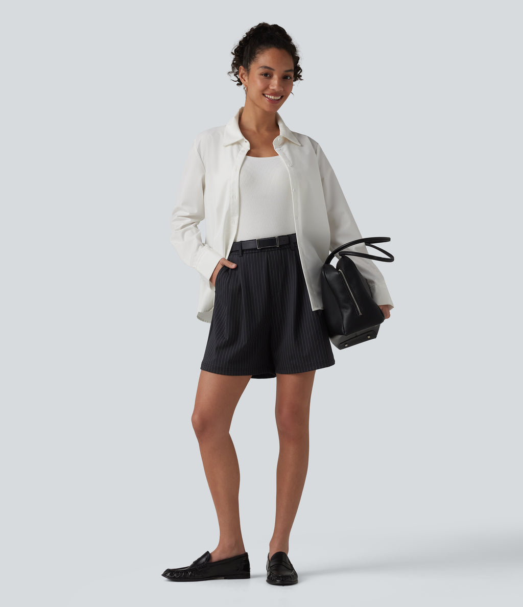 High Waisted Pleated Stripes Work Shorts with Pockets — Gunmetal Pinstripe — view 5