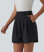 High Waisted Pleated Stripes Work Shorts with Pockets — Gunmetal Pinstripe — view 1