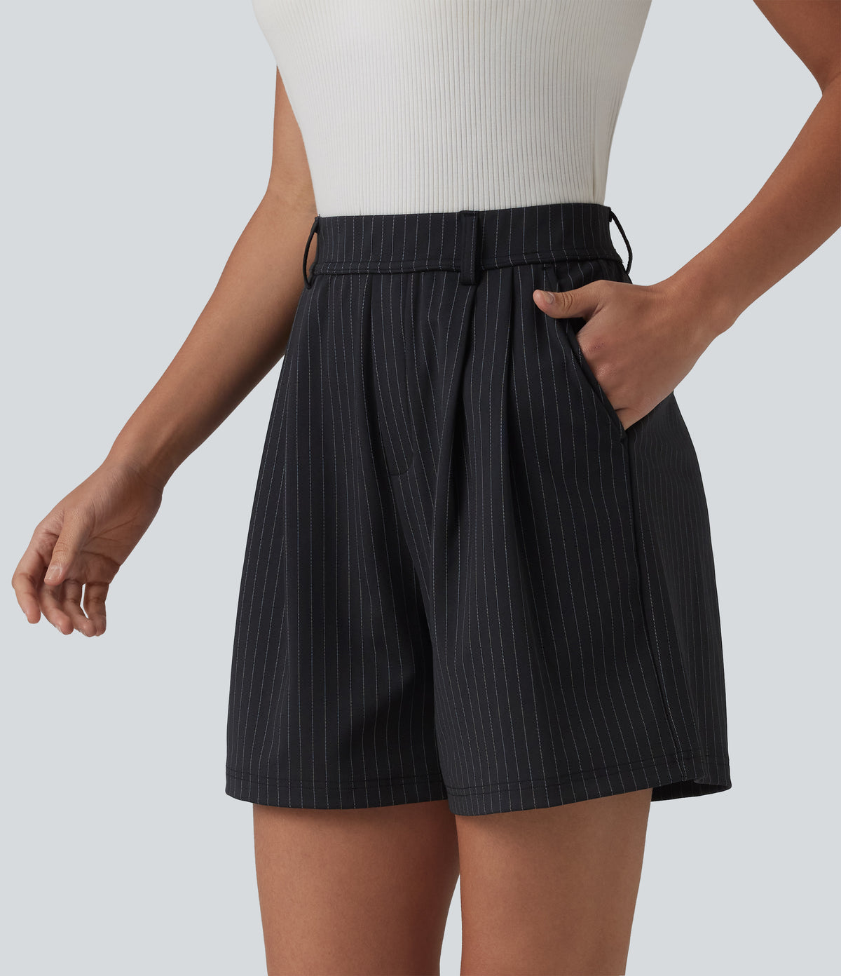 High Waisted Pleated Stripes Work Shorts with Pockets — Gunmetal Pinstripe — view 1