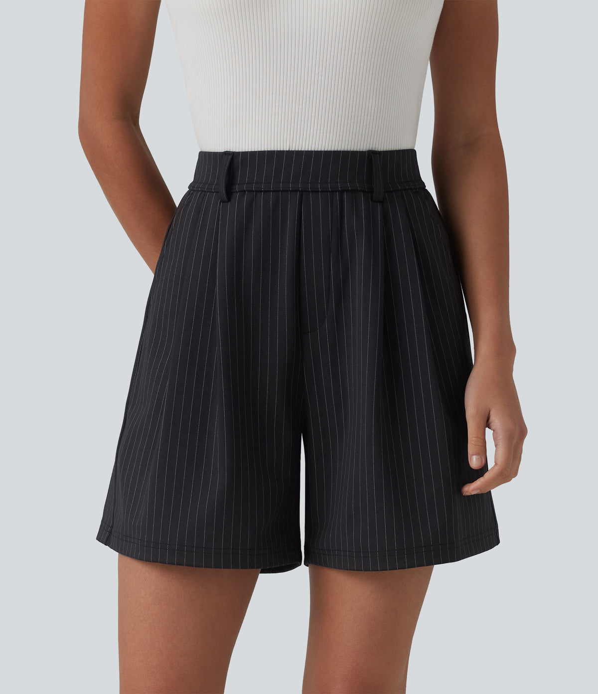 High Waisted Pleated Stripes Work Shorts with Pockets — Gunmetal Pinstripe — view 3