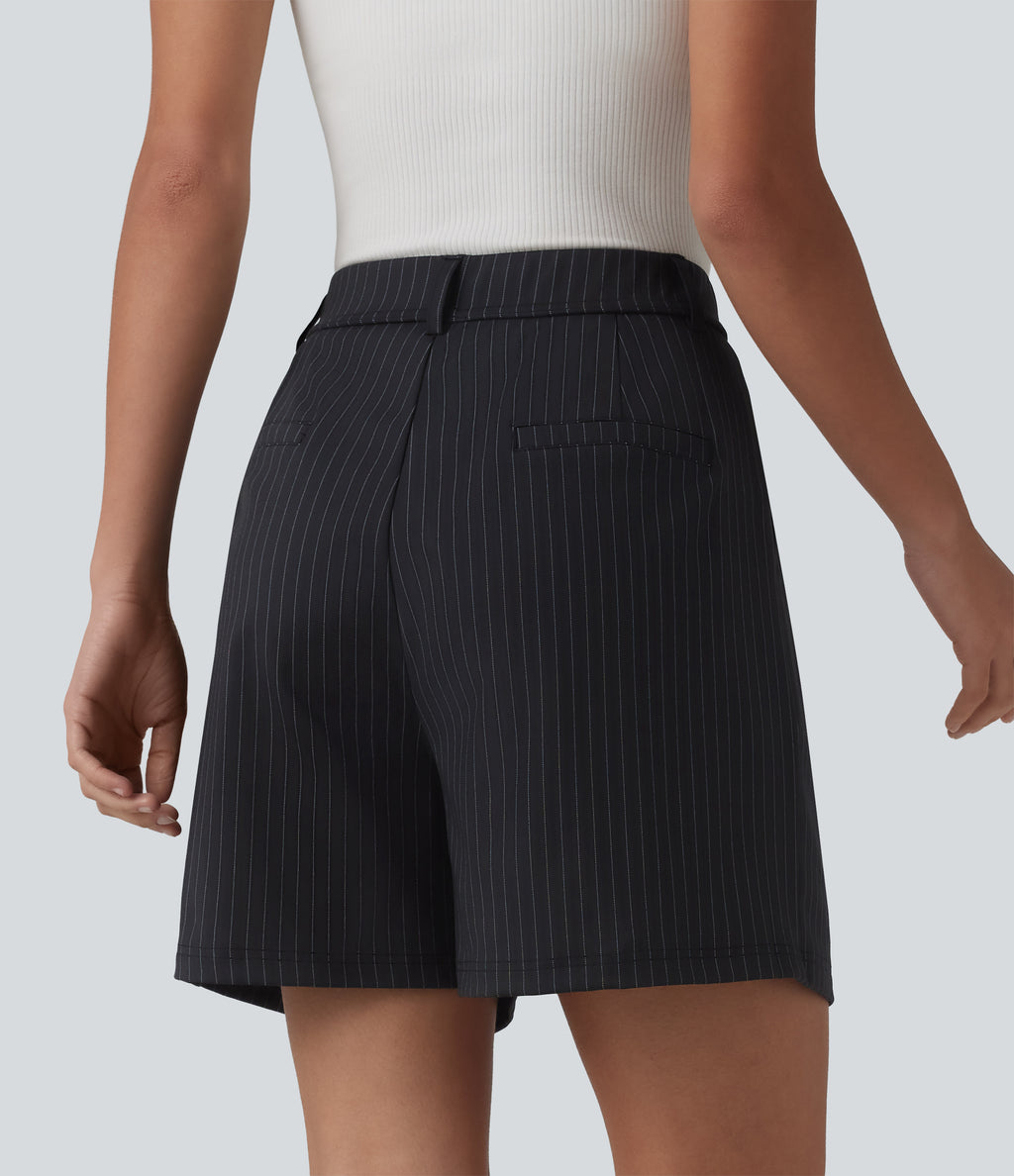 High Waisted Pleated Stripes Work Shorts with Pockets — Gunmetal Pinstripe — view 2