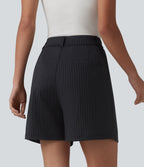 High Waisted Pleated Stripes Work Shorts with Pockets — Gunmetal Pinstripe — view 2