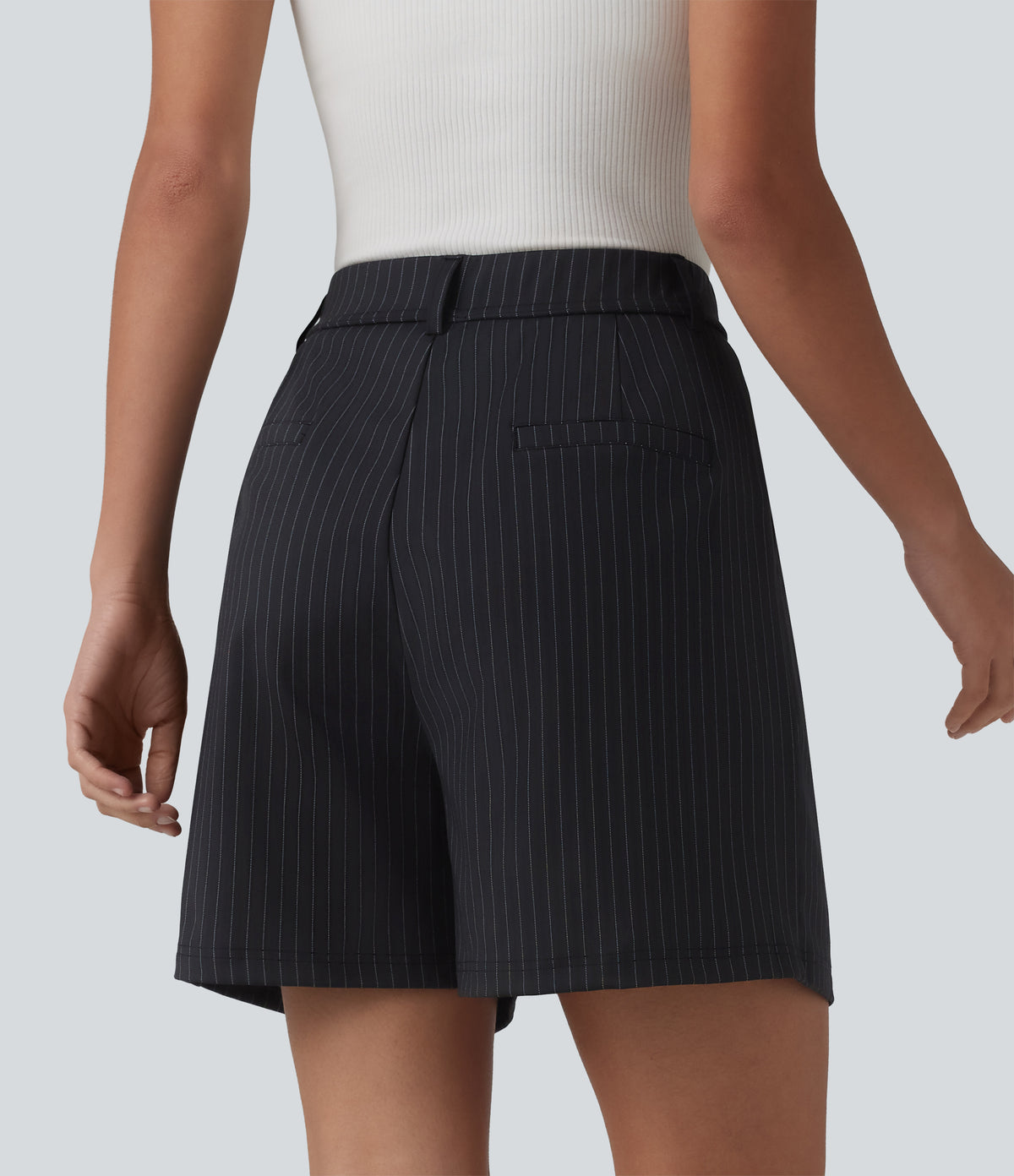 High Waisted Pleated Stripes Work Shorts with Pockets — Gunmetal Pinstripe — view 2
