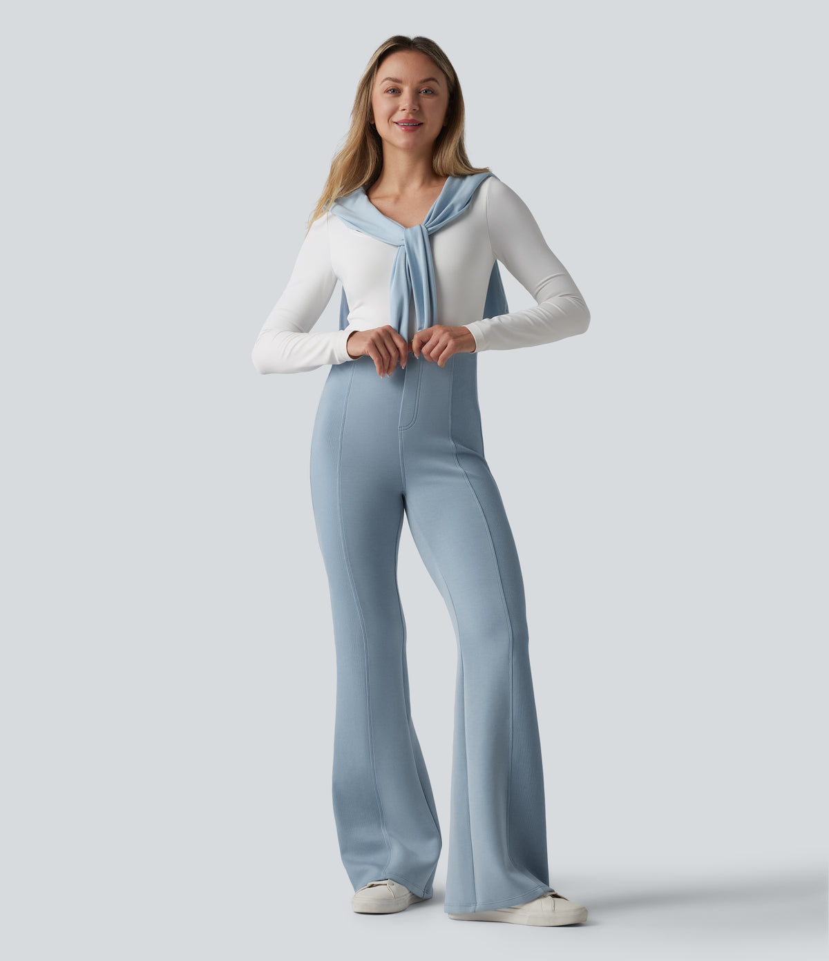 SpacerTek High Waisted Tummy Control Flare Casual Trousers — Dusty Blue — view 7