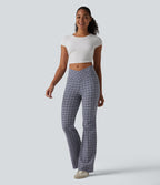 High Waisted Crossover Tummy Control Plaid Crinkle Quick Dry Flare Casual Trousers with Pockets — Mist Night Weave Plaid — view 7
