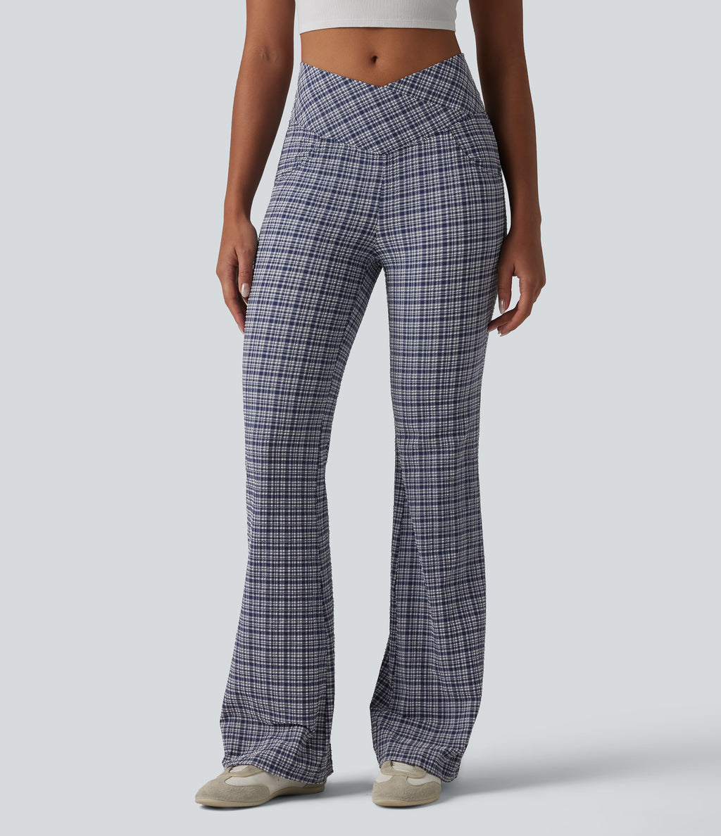 High Waisted Crossover Tummy Control Plaid Crinkle Quick Dry Flare Casual Trousers with Pockets — Mist Night Weave Plaid — view 2