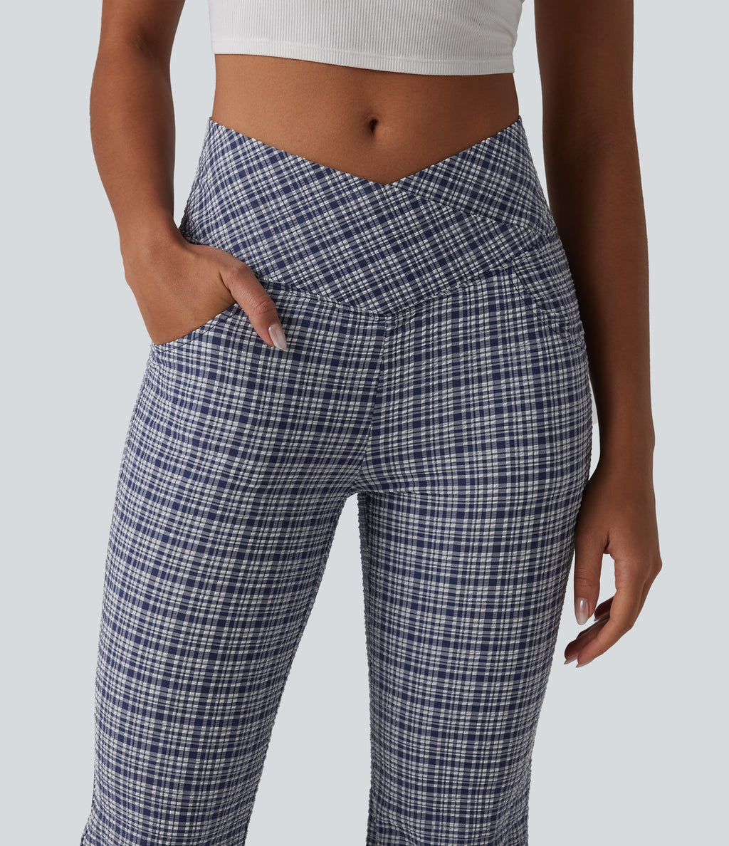 High Waisted Crossover Tummy Control Plaid Crinkle Quick Dry Flare Casual Trousers with Pockets — Mist Night Weave Plaid — view 4