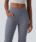 High Waisted Crossover Tummy Control Plaid Crinkle Quick Dry Flare Casual Trousers with Pockets — Mist Night Weave Plaid — view 4