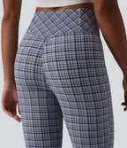 High Waisted Crossover Tummy Control Plaid Crinkle Quick Dry Flare Casual Trousers with Pockets — Mist Night Weave Plaid — view 5