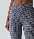 High Waisted Crossover Tummy Control Plaid Crinkle Quick Dry Flare Casual Trousers with Pockets — Mist Night Weave Plaid — view 6