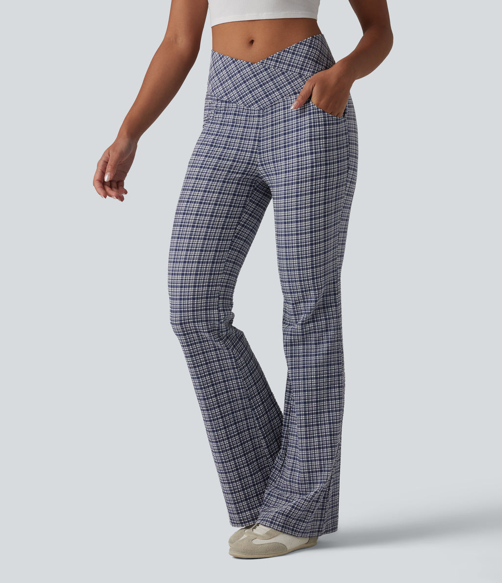 High Waisted Crossover Tummy Control Plaid Crinkle Quick Dry Flare Casual Trousers with Pockets — Mist Night Weave Plaid — view 3
