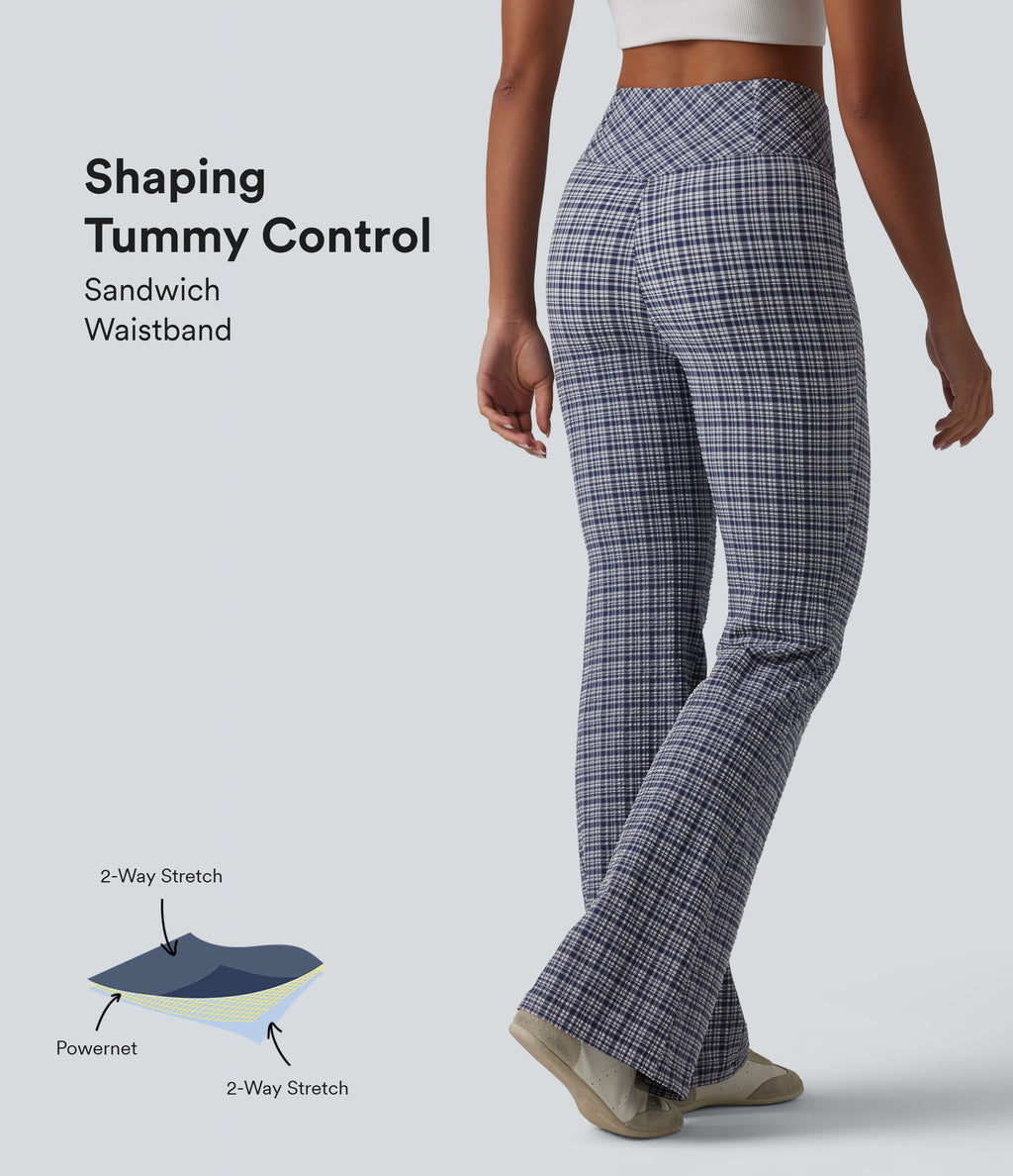 High Waisted Crossover Tummy Control Plaid Crinkle Quick Dry Flare Casual Trousers with Pockets — Mist Night Weave Plaid — view 1