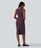 Boat Neck Sleeveless Pencil Midi Work Dress — Plum Wine — view 2