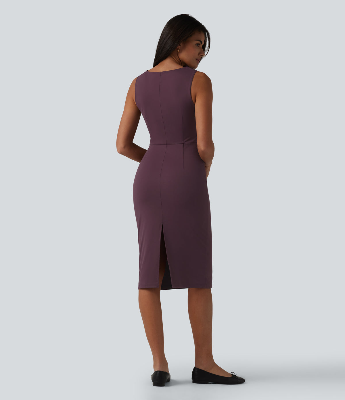 Boat Neck Sleeveless Pencil Midi Work Dress — Plum Wine — view 2