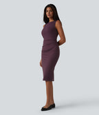 Boat Neck Sleeveless Pencil Midi Work Dress — Plum Wine — view 3