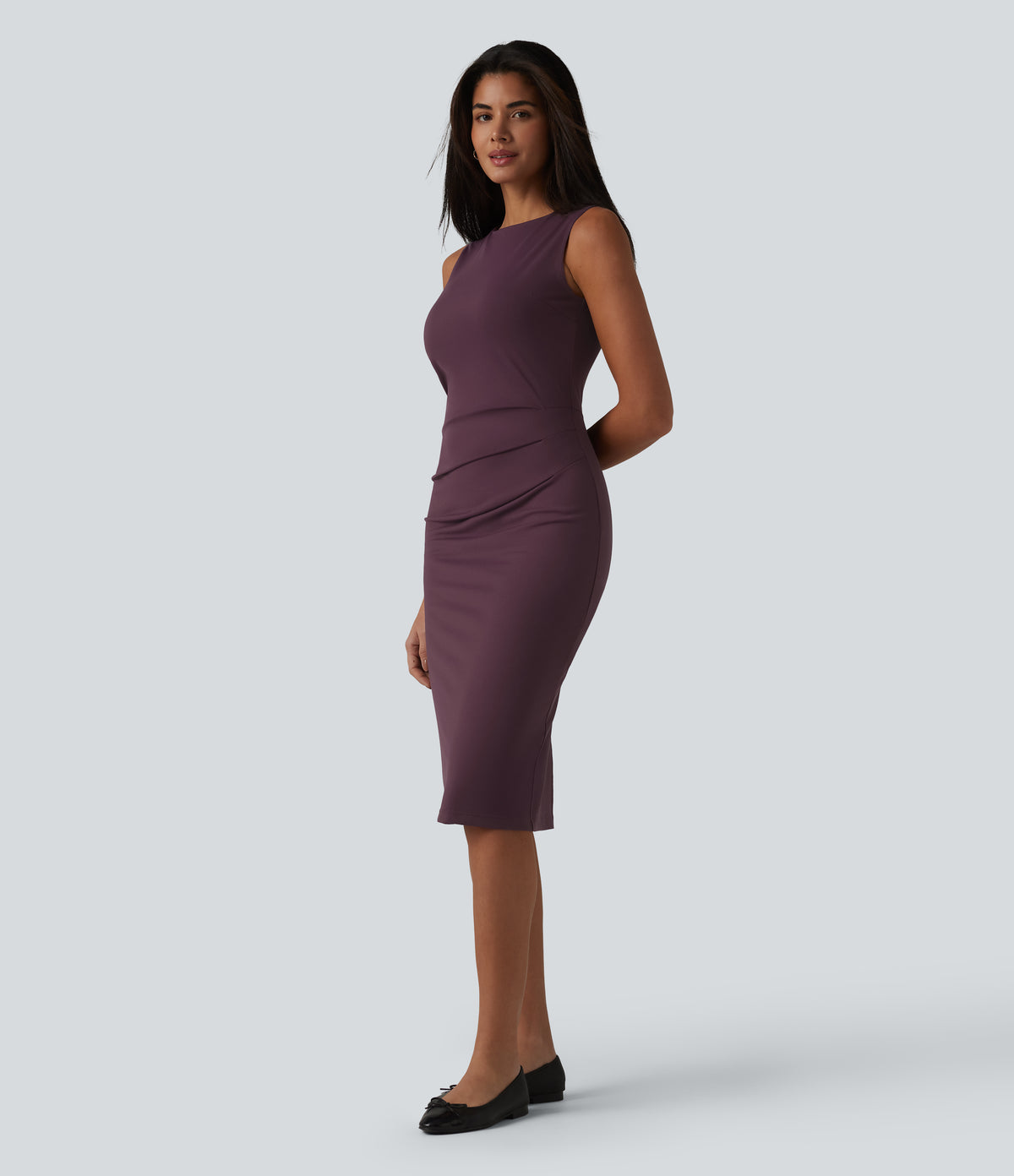 Boat Neck Sleeveless Pencil Midi Work Dress — Plum Wine — view 3