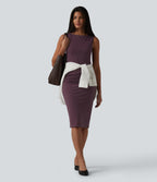 Boat Neck Sleeveless Pencil Midi Work Dress — Plum Wine — view 6
