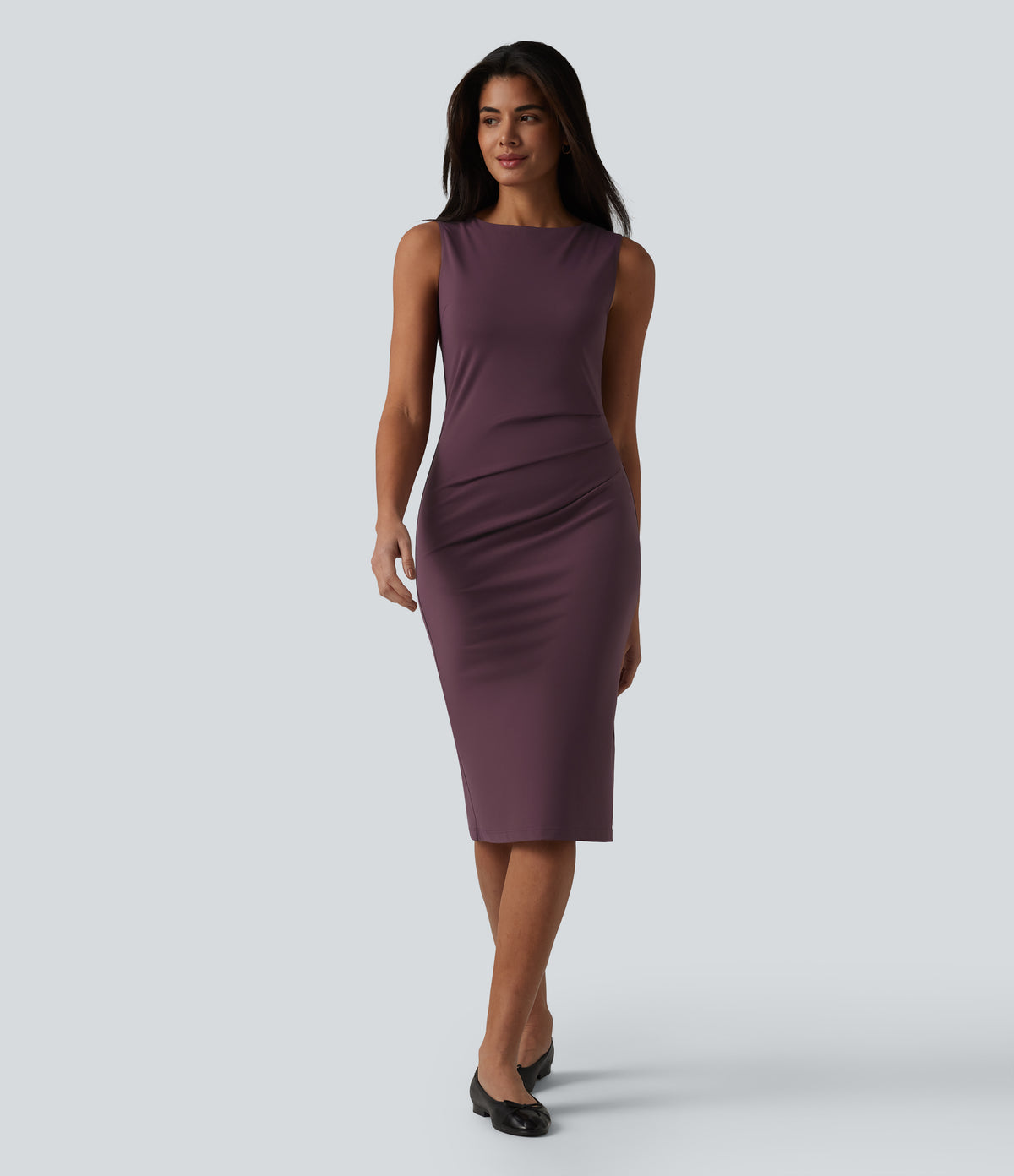 Boat Neck Sleeveless Pencil Midi Work Dress — Plum Wine — view 1