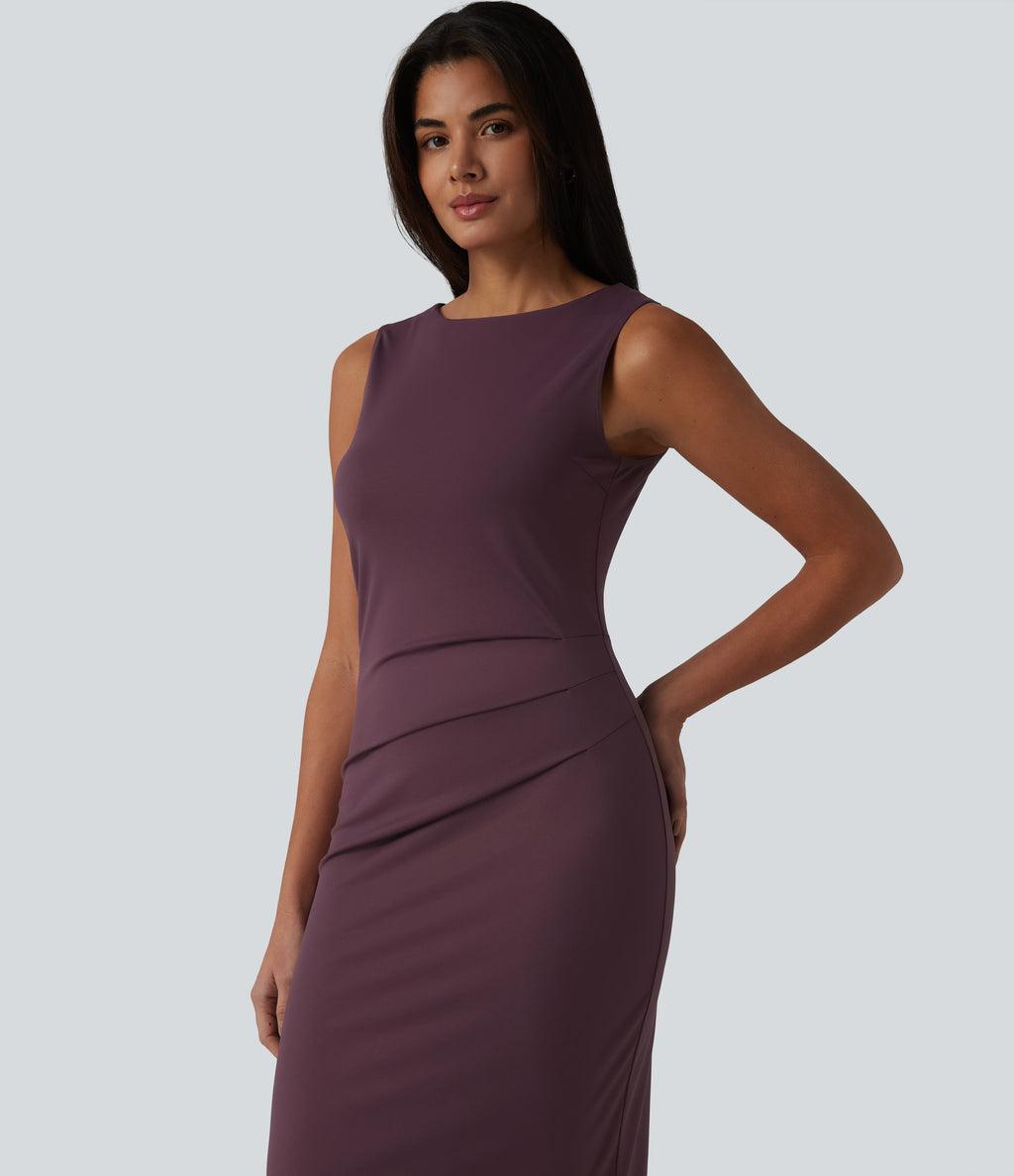 Boat Neck Sleeveless Pencil Midi Work Dress — Plum Wine — view 4