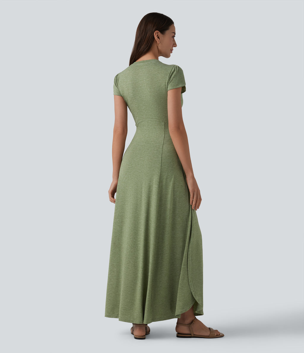 V Neck Short Sleeve Flowy Maxi Casual Dress — Light Green Floral Yarn — view 2