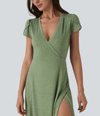 V Neck Short Sleeve Flowy Maxi Casual Dress — Light Green Floral Yarn — view 5