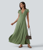 V Neck Short Sleeve Flowy Maxi Casual Dress — Light Green Floral Yarn — view 6