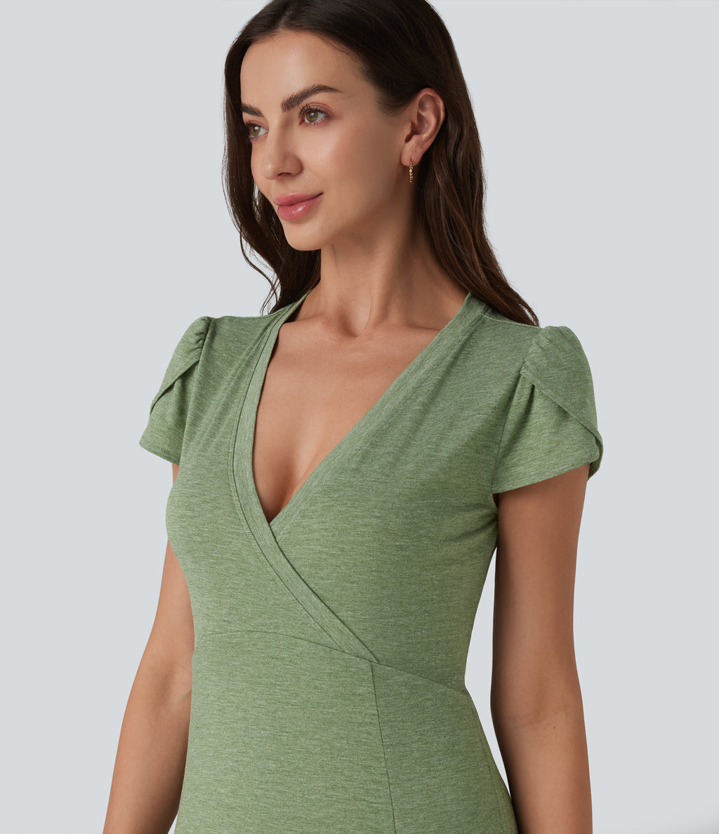 V Neck Short Sleeve Flowy Maxi Casual Dress — Light Green Floral Yarn — view 4