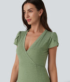V Neck Short Sleeve Flowy Maxi Casual Dress — Light Green Floral Yarn — view 4
