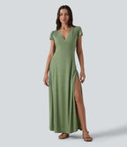V Neck Short Sleeve Flowy Maxi Casual Dress — Light Green Floral Yarn — view 1