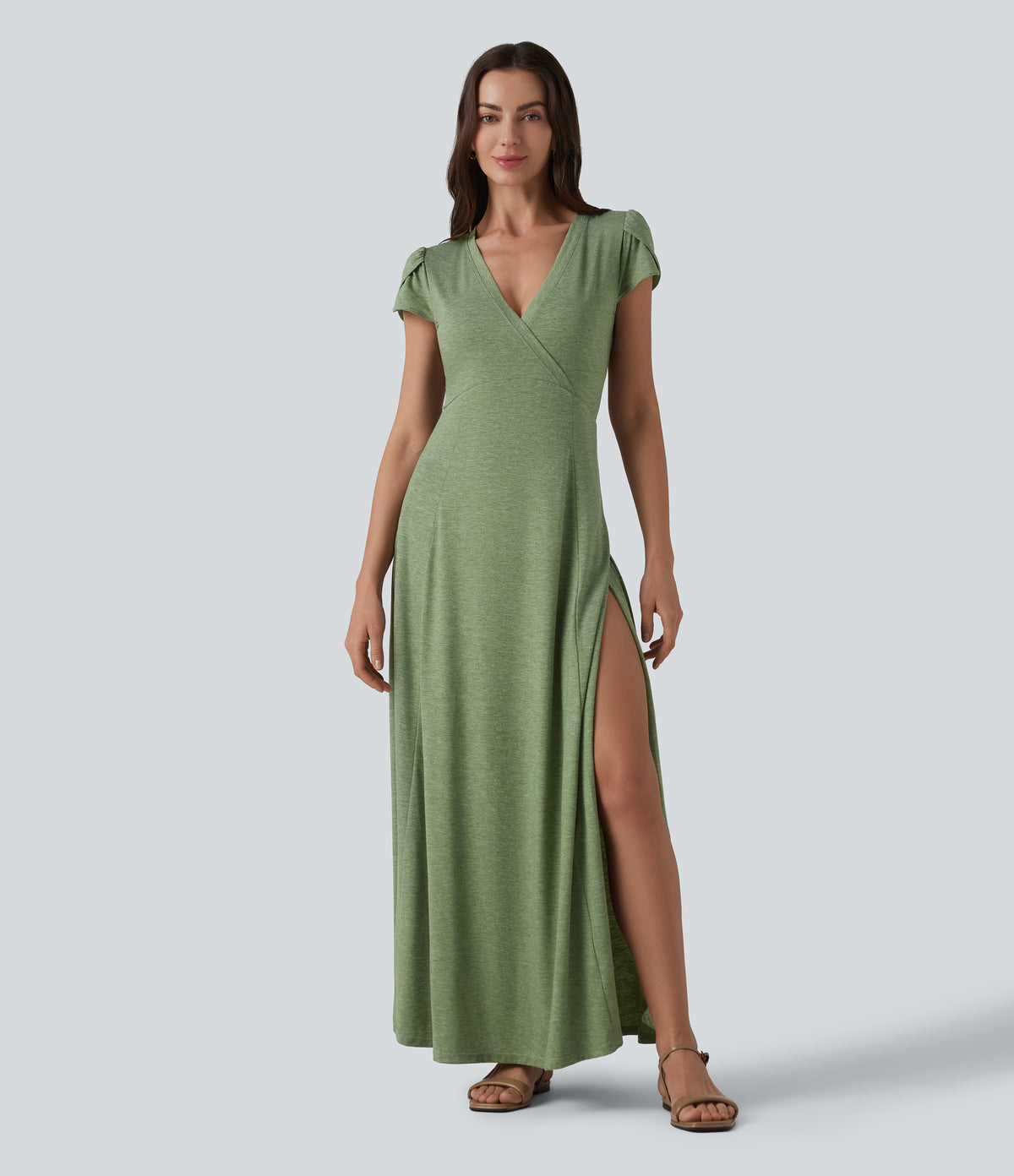V Neck Short Sleeve Flowy Maxi Casual Dress — Light Green Floral Yarn — view 1
