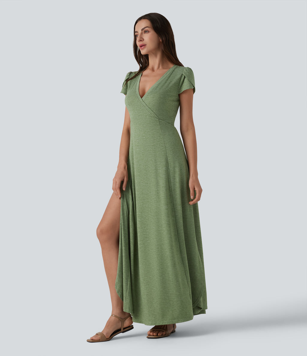 V Neck Short Sleeve Flowy Maxi Casual Dress — Light Green Floral Yarn — view 3