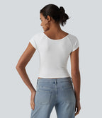 V Neck Short Sleeve Ruched Casual T-Shirt — White — view 2