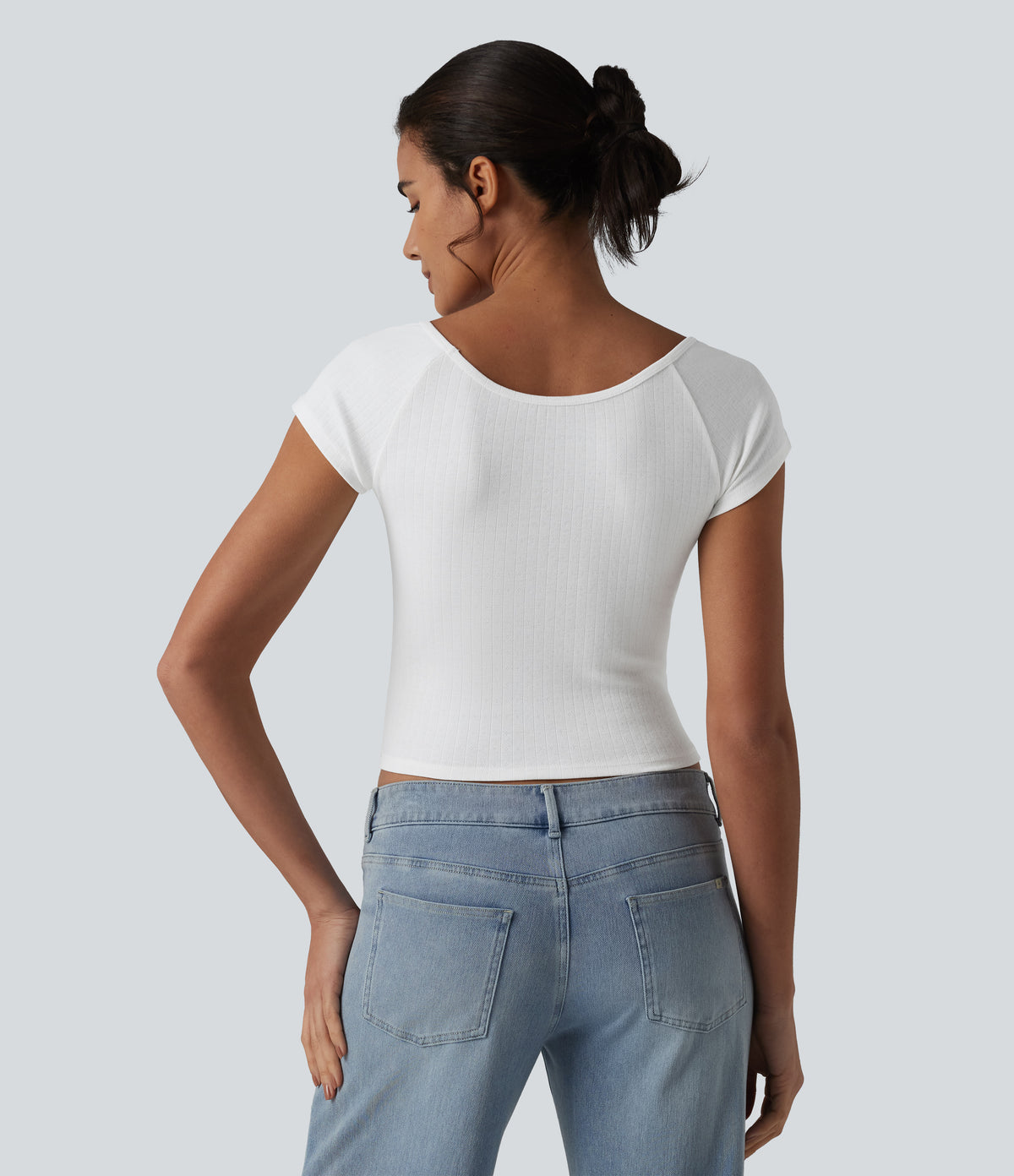 V Neck Short Sleeve Ruched Casual T-Shirt — White — view 2