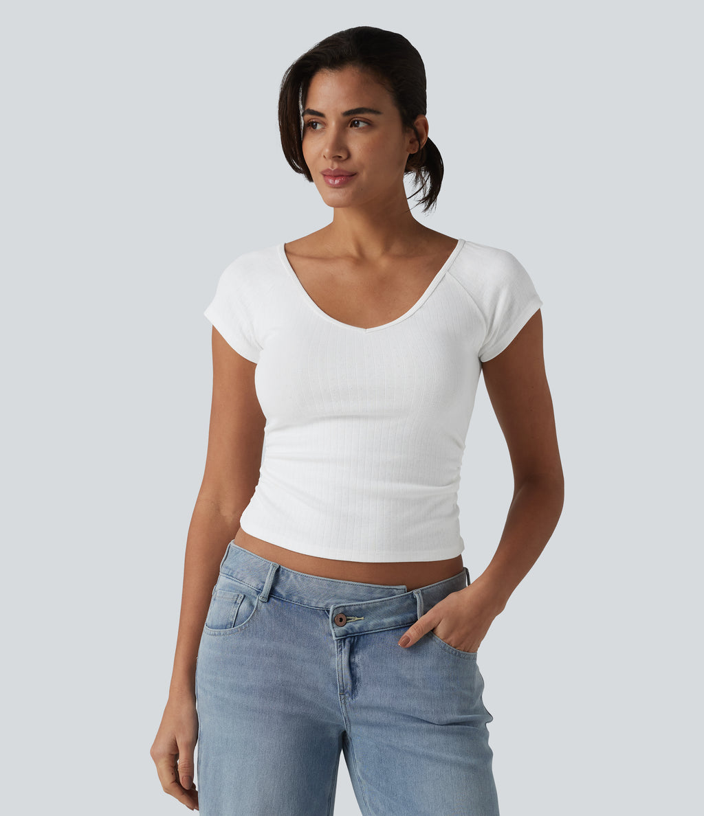 V Neck Short Sleeve Ruched Casual T-Shirt — White — view 3