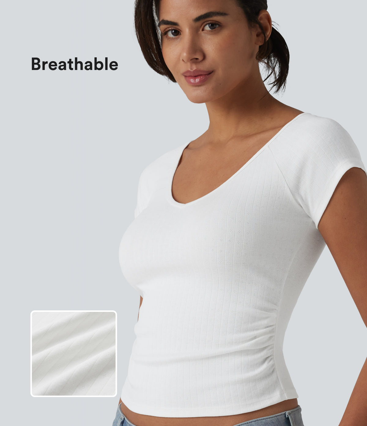 V Neck Short Sleeve Ruched Casual T-Shirt — White — view 1
