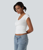 V Neck Short Sleeve Ruched Casual T-Shirt — White — view 4