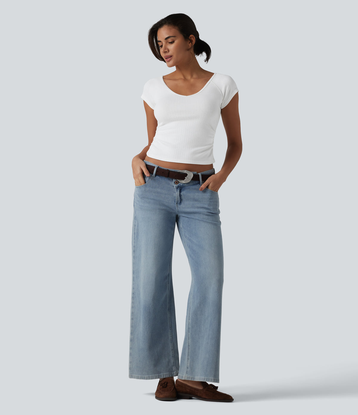V Neck Short Sleeve Ruched Casual T-Shirt — White — view 6