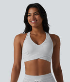 Medium Support V Neck Built-in Bra Racerback Stripe Training Sports Bra — Zebra Ripple — view 3