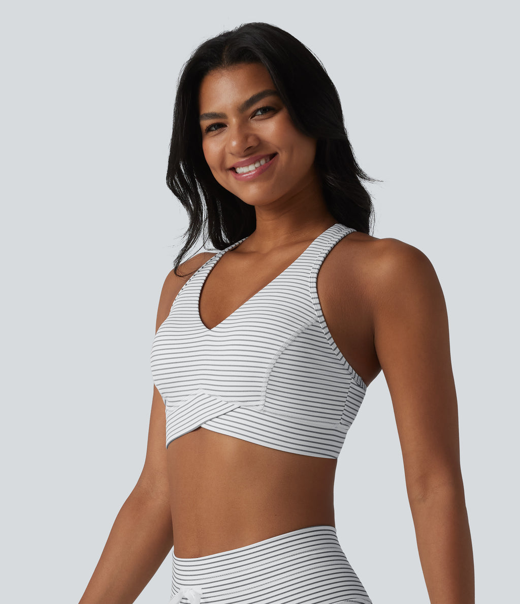 Medium Support V Neck Built-in Bra Racerback Stripe Training Sports Bra — Zebra Ripple — view 4