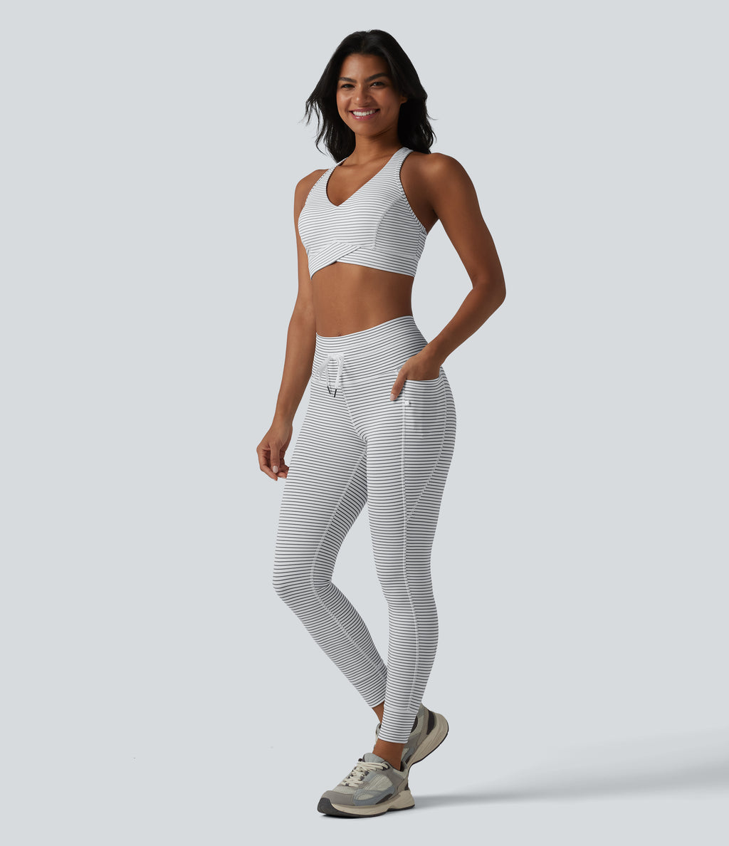 Medium Support V Neck Built-in Bra Racerback Stripe Training Sports Bra — Zebra Ripple — view 5