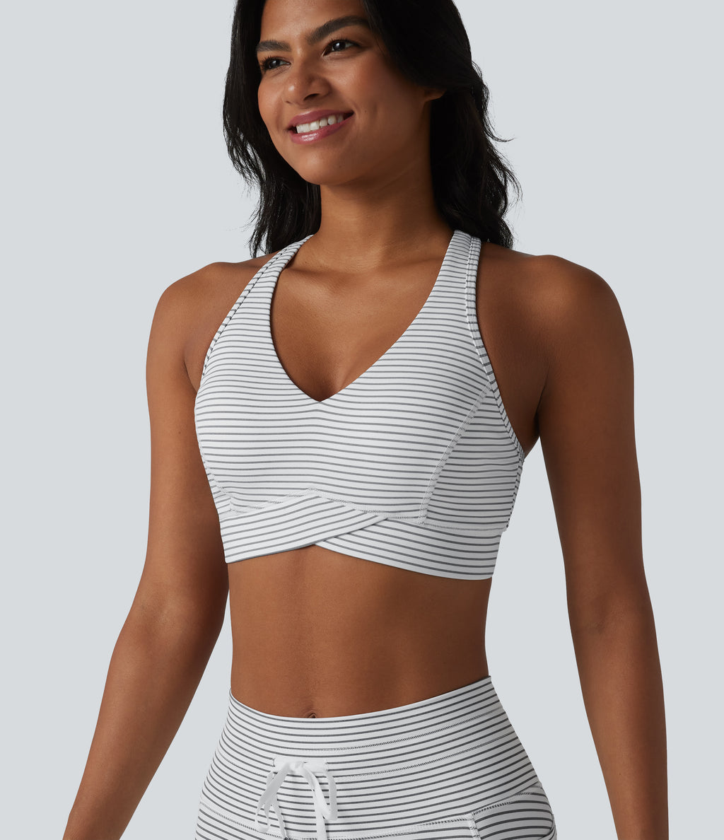 Medium Support V Neck Built-in Bra Racerback Stripe Training Sports Bra — Zebra Ripple — view 1