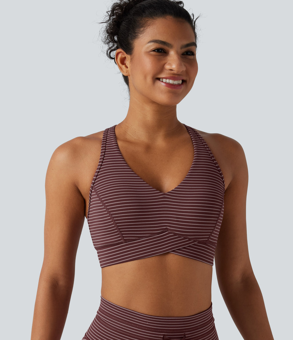 Medium Support V Neck Built-in Bra Racerback Stripe Training Sports Bra — Burgundy Wine — view 6