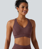 Medium Support V Neck Built-in Bra Racerback Stripe Training Sports Bra — Burgundy Wine — view 6