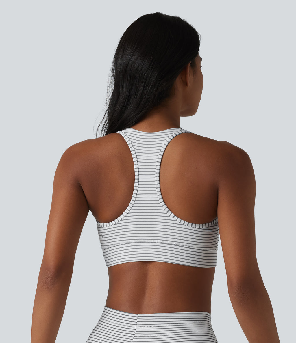 Medium Support V Neck Built-in Bra Racerback Stripe Training Sports Bra — Zebra Ripple — view 2