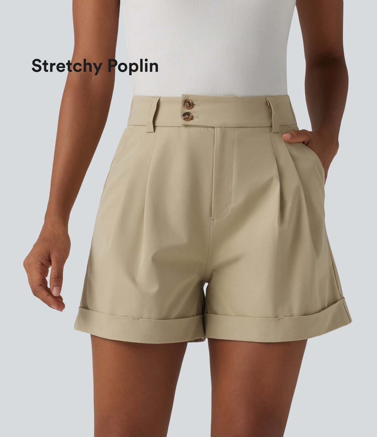 High Waisted Pleated Rolled Hem Stretchy Poplin Work Baggy Shorts with Pockets — Fields of Rye — view 1